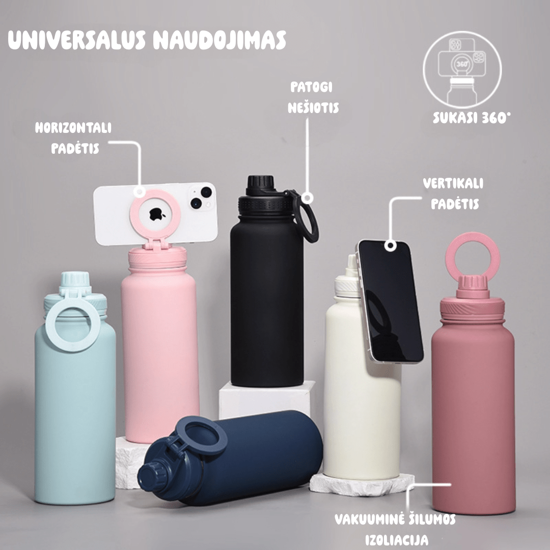 sportinė gertuvė juodos ir rožinės spalvos, termosas , su magnetiniu laikikliu 