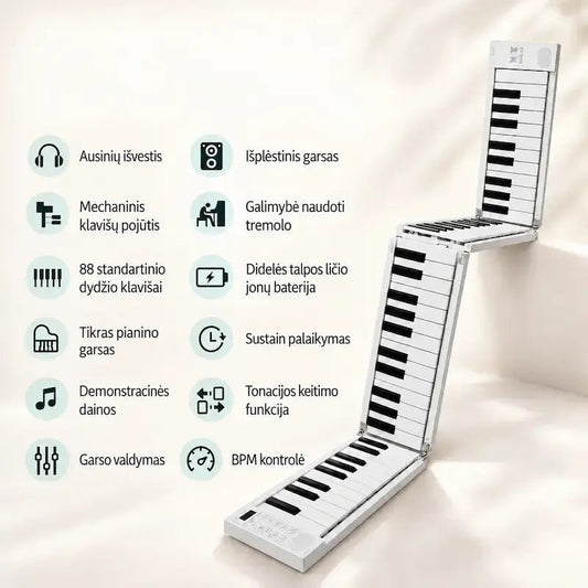 Baltas sulankstomas skaitmeninis pianinas su 88 klavišais ir pagrindinių funkcijų apžvalga