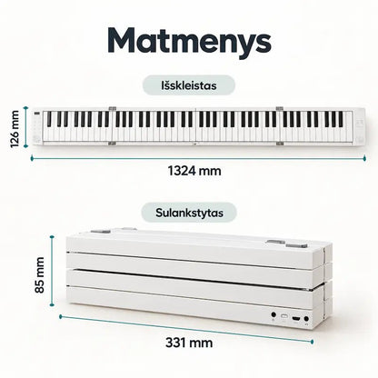 Sulankstomo pianino matmenys: išskleisto 1324 × 126 mm, sulankstyto 331 × 85 mm