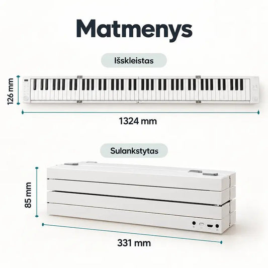 Sulankstomo pianino matmenys: išskleisto 1324 × 126 mm, sulankstyto 331 × 85 mm