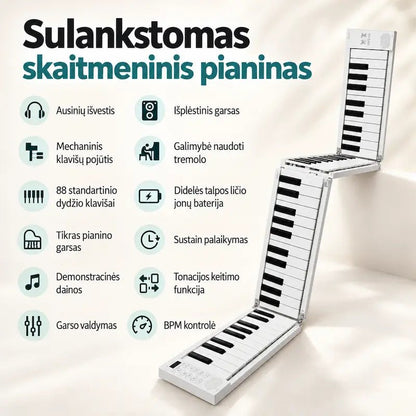 Baltas sulankstomas skaitmeninis pianinas su 88 klavišais ir pagrindinių funkcijų apžvalga