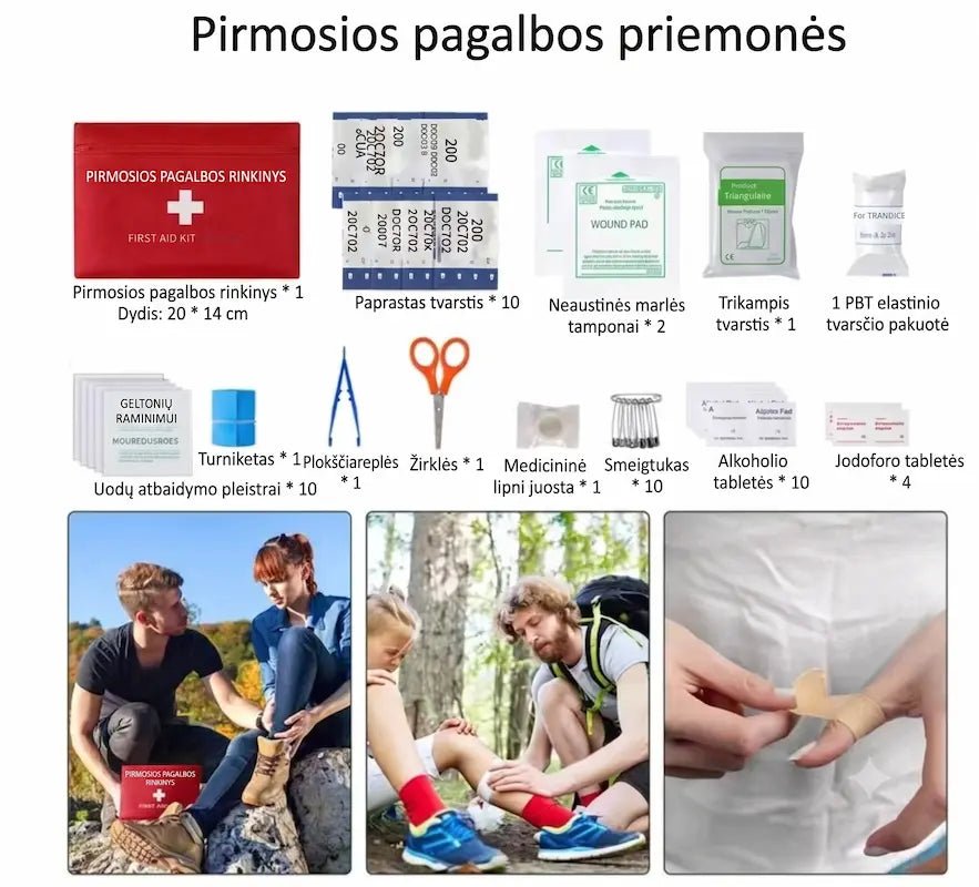 Pirmosios pagalbos rinkinio turinio aprašas: krepšys, tvarsčiai, žirklės, pincetas, pleistrai ir priemonės.