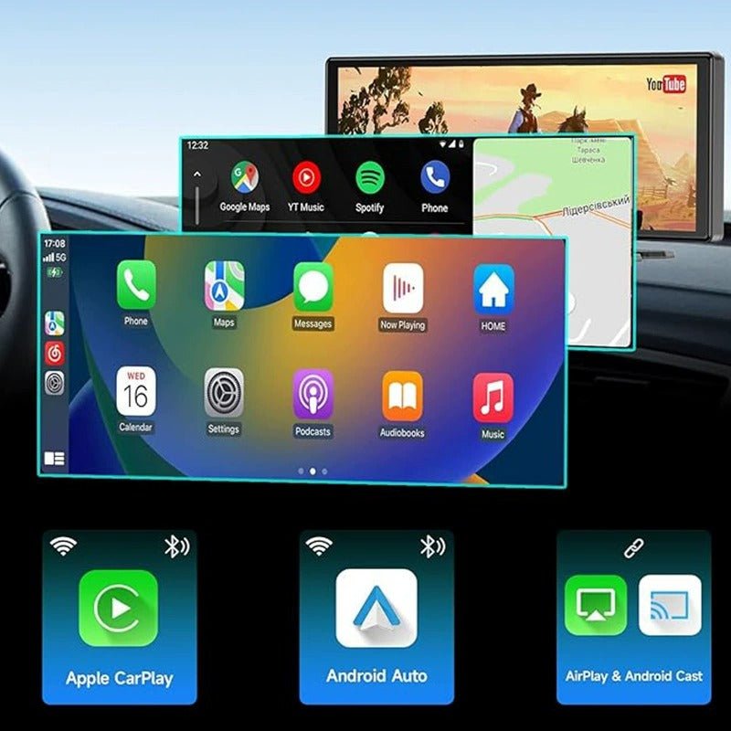 Automobilinė multimedija su Android Auto, Apple CarPlay, jutikliniu ekranu, Bluetooth, vaizdo registratoriumi ir HD galinio vaizdo kamera – 2025 m. modelis