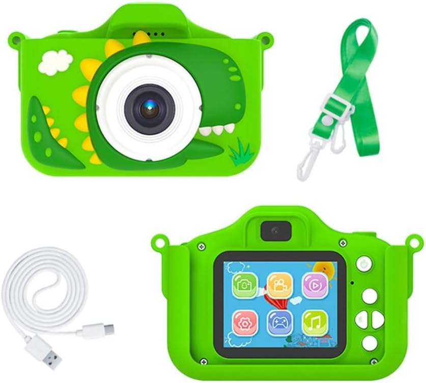 Vaikiškas fotoaparatas - DINOZAURAS +32 GB MicroSD - Žalios spalvos, fotografavimas ir vaizdo įrašai, dirželis ant kaklo, įkrovimo laidas