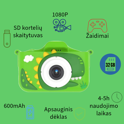 Vaikiškas fotoaparatas - DINOZAURAS +32 GB MicroSD - Žalios spalvos, fotografavimas ir vaizdo įrašai, žaidimai, sd kortelių skaitytuvas, apsauginis dėklas, didelės talpos baterija
