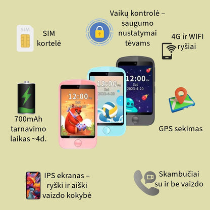 Vaikiškas išmanus telefonas su animaciniu dizainu, SIM kortele, GPS sekimas, žaidimai , balso ir vaizdo skambučiai, dviguba kamera