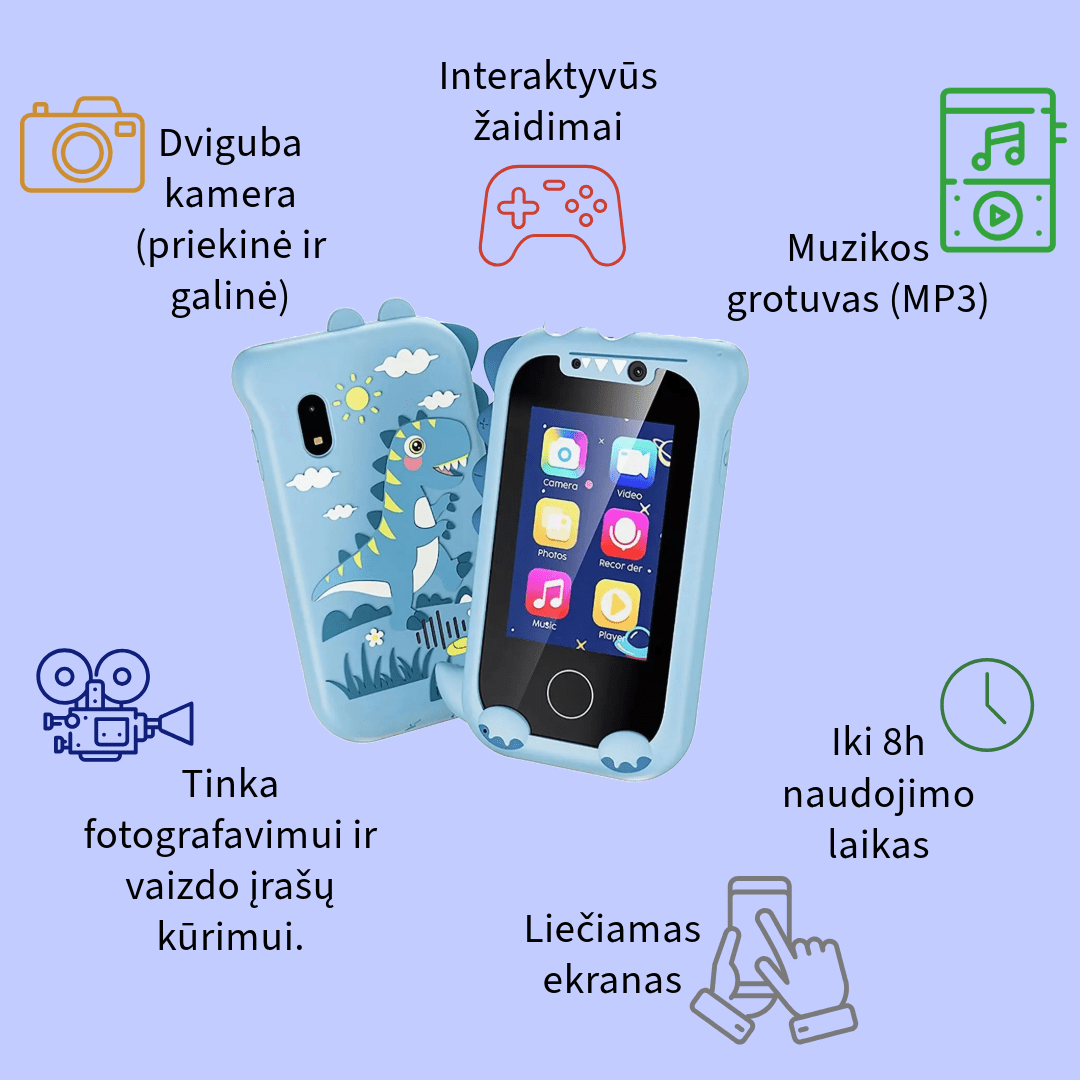 Išmanusis įrenginys Dinozauras mėlynas spalvos, fotografuoja ir filmuoja , mp3 grotuvas, muzika, nuotraukos , žaidimai, liečiamas ekranas