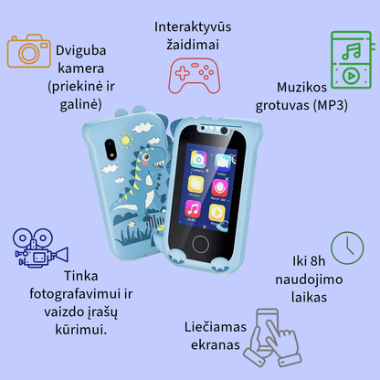 Išmanusis įrenginys Dinozauras mėlynas spalvos, fotografuoja ir filmuoja , mp3 grotuvas, muzika, nuotraukos , žaidimai, liečiamas ekranas