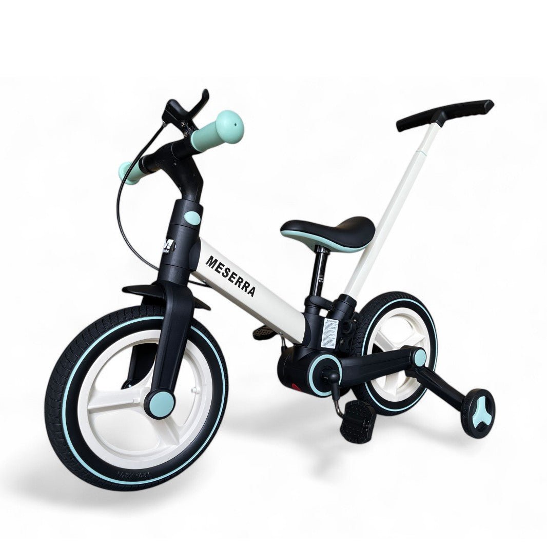 Kokybiškas vaikiškas balansinis dviratukas su pedalais meserra , vaikams nuo 2 ki 5 metų, baltai juodas 5in1 , sulankstomas su stabžiais , penkios funkcijos viename