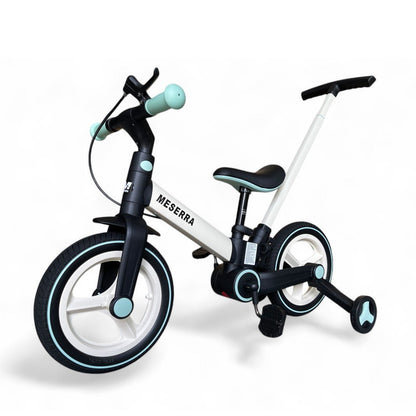 Kokybiškas vaikiškas balansinis dviratukas su pedalais meserra , vaikams nuo 2 ki 5 metų, baltai juodas 5in1 , sulankstomas su stabžiais , penkios funkcijos viename