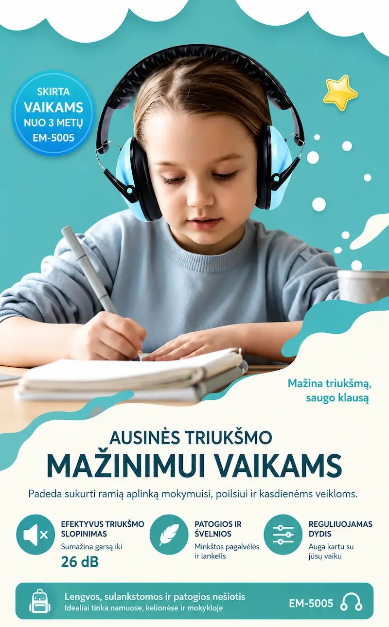 Vaikiškos garsą slopinančios ausinės EM-5005 | Klausos apsauga vaikams 26 dB