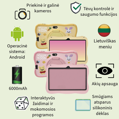 Planšetinis kompiuteris vaikams su personažais mergaitėms ir berniukams, talpi baterija, android operacinė sistema, akių apsauga, lietuviškas meniu, silikoninis dėklas, kameros, žaidimai, rožinė ir smėlinė spalva