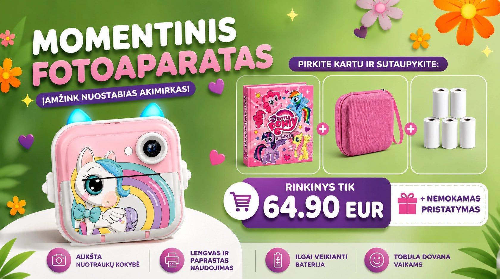 Momentinio fotoaparato rinkinys vienaragis rožinis